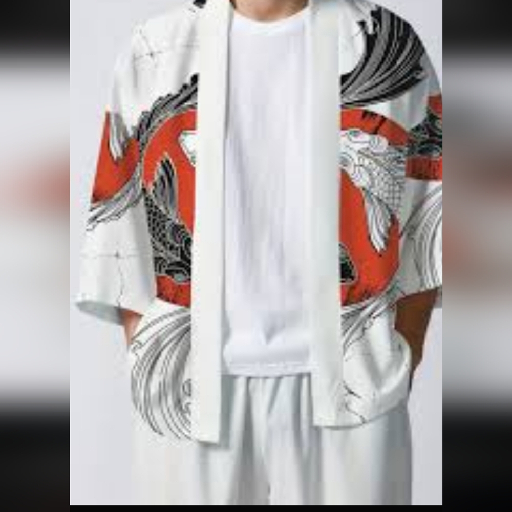 SHEIN White and Red Graphic Kimono Jacket